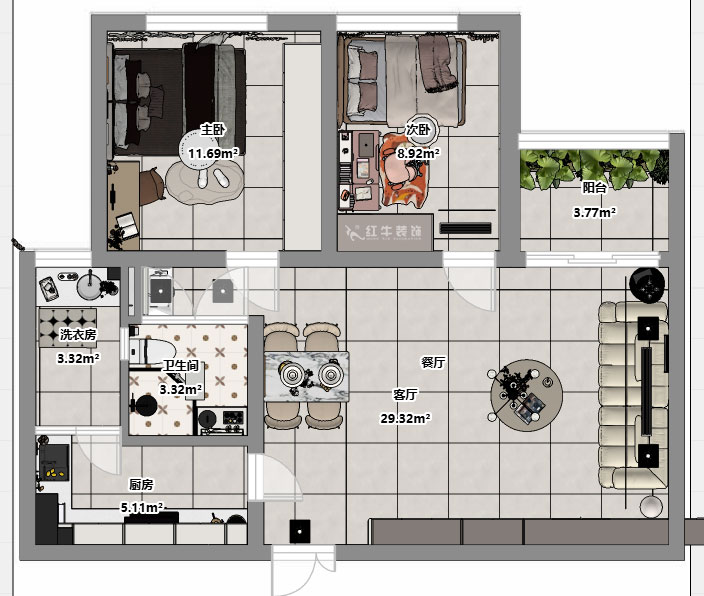 朱明琪｜金鼎湾花园1-2-2004-87㎡-现代简约风格｜2室2厅1卫｜老房装修｜定制家｜全包10万｜00_03平面彩图